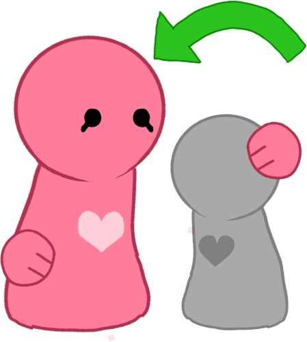 a pink simplified character with a light pink heart in the center, it has its hand on the head of a grey figure next to it, there is a green arrow pointing to the pink figure.